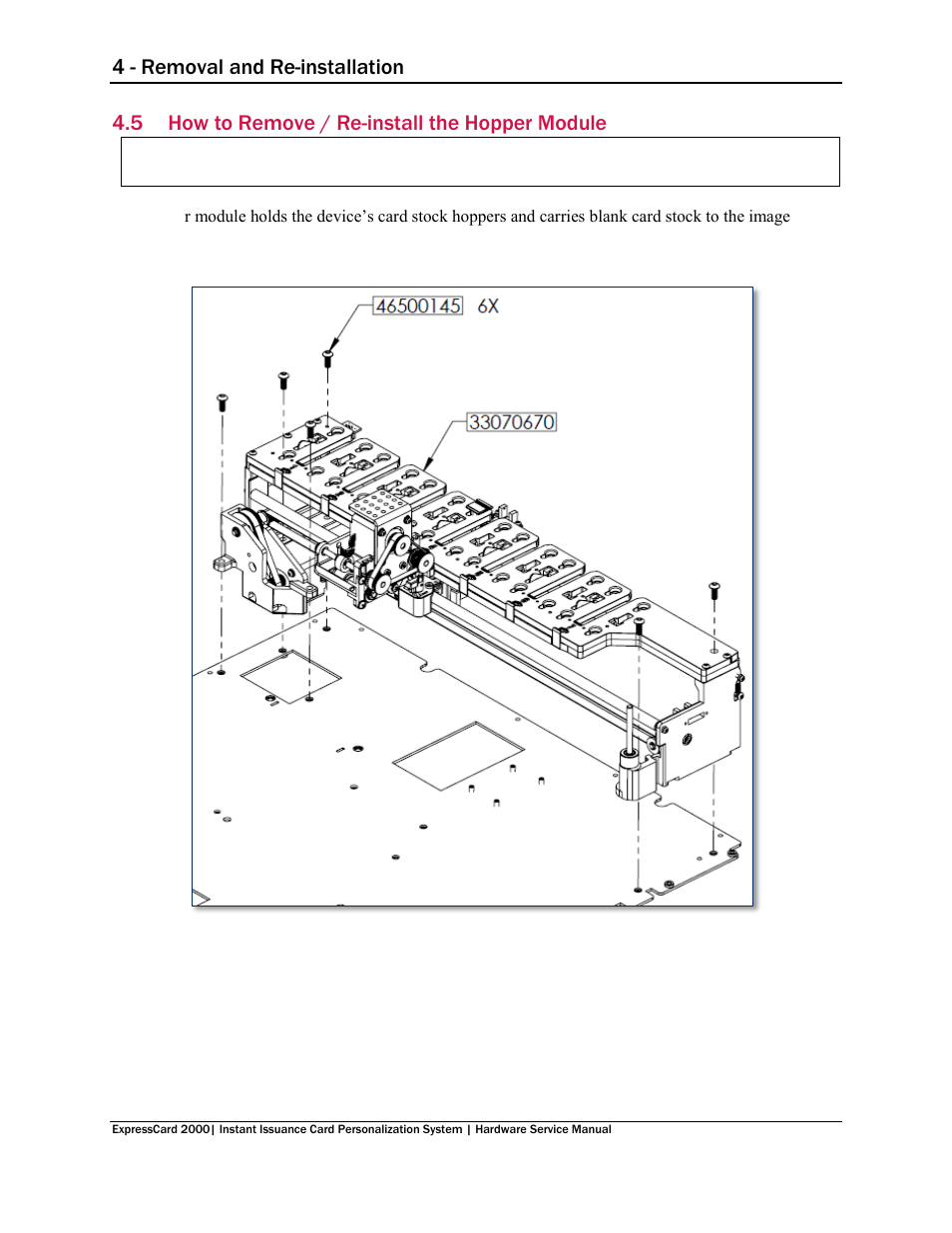 5 how to remove / re-install the hopper module, How to remove / re-install the hopper module, 4 - removal and re-installation | MagTek EC2000 99875607 User Manual | Page 63 / 180