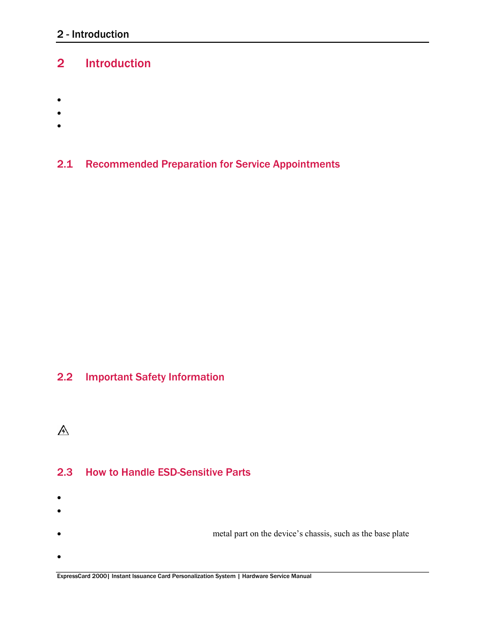 2 introduction, 1 recommended preparation for service appointments, 2 important safety information | 3 how to handle esd-sensitive parts, Introduction, Recommended preparation for service appointments, Important safety information, How to handle esd-sensitive parts, 2introduction | MagTek EC2000 99875607 User Manual | Page 9 / 180