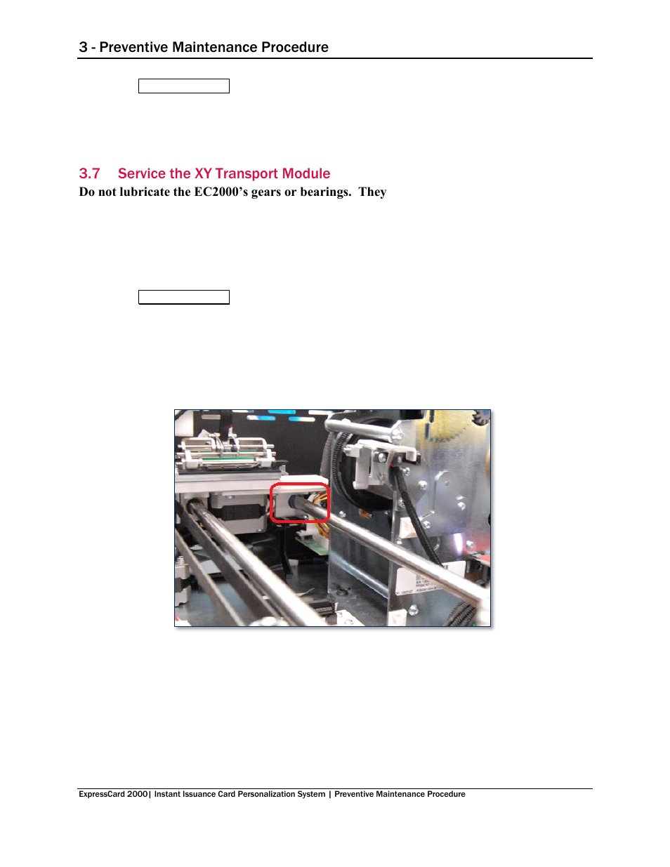 7 service the xy transport module, Service the xy transport module, 3 - preventive maintenance procedure | MagTek EC2000 99875651 User Manual | Page 12 / 18