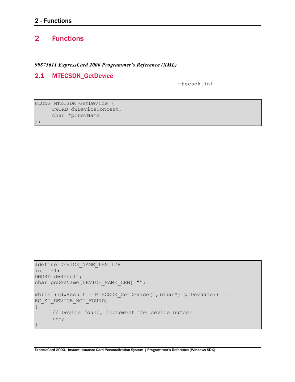 2 functions, 1 mtecsdk_getdevice, Functions | Mtecsdk_getdevice, 2functions | MagTek EC2000 99875713 User Manual | Page 10 / 21