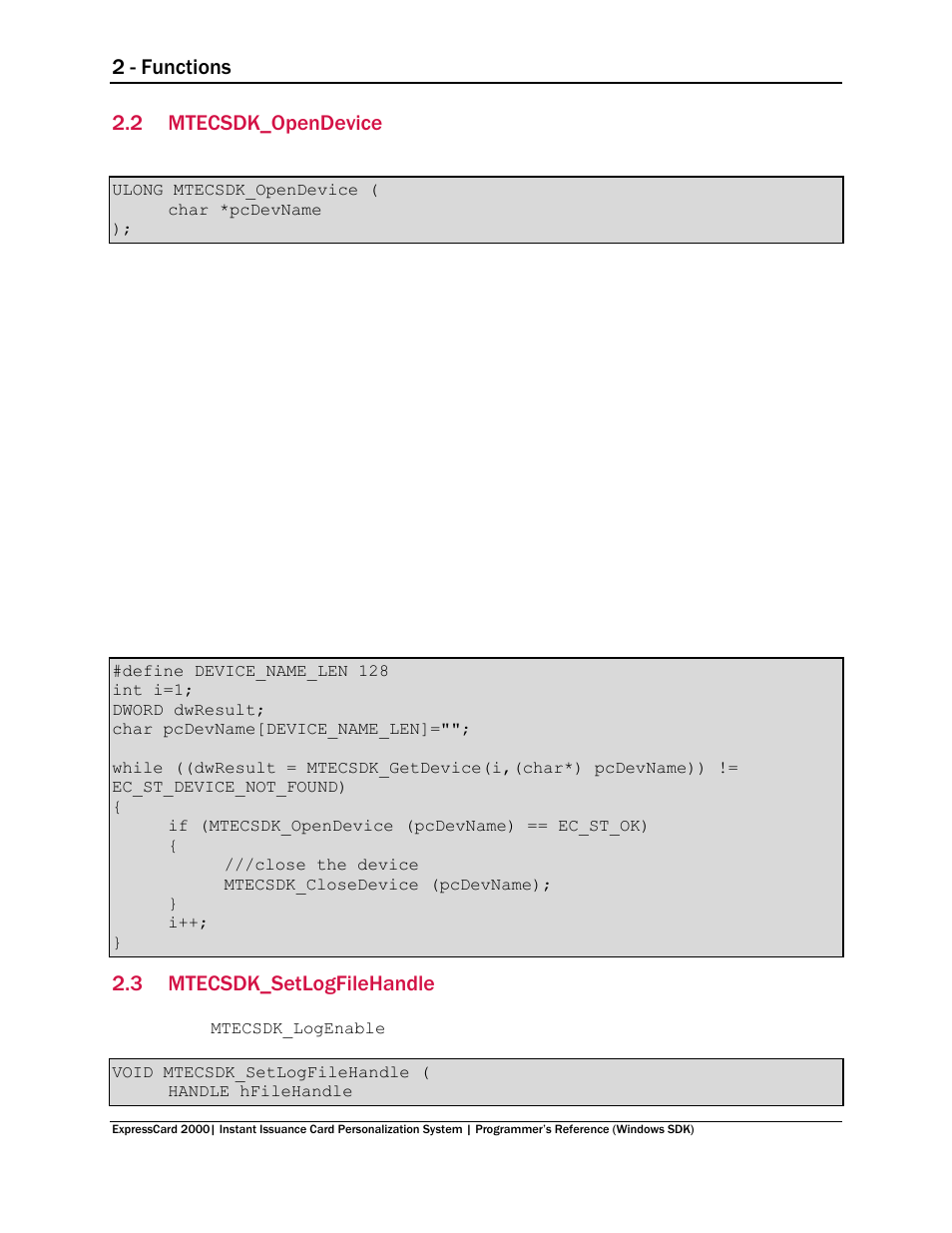 2 mtecsdk_opendevice, 3 mtecsdk_setlogfilehandle, Mtecsdk_opendevice | Mtecsdk_setlogfilehandle, 2 - functions | MagTek EC2000 99875713 User Manual | Page 11 / 21