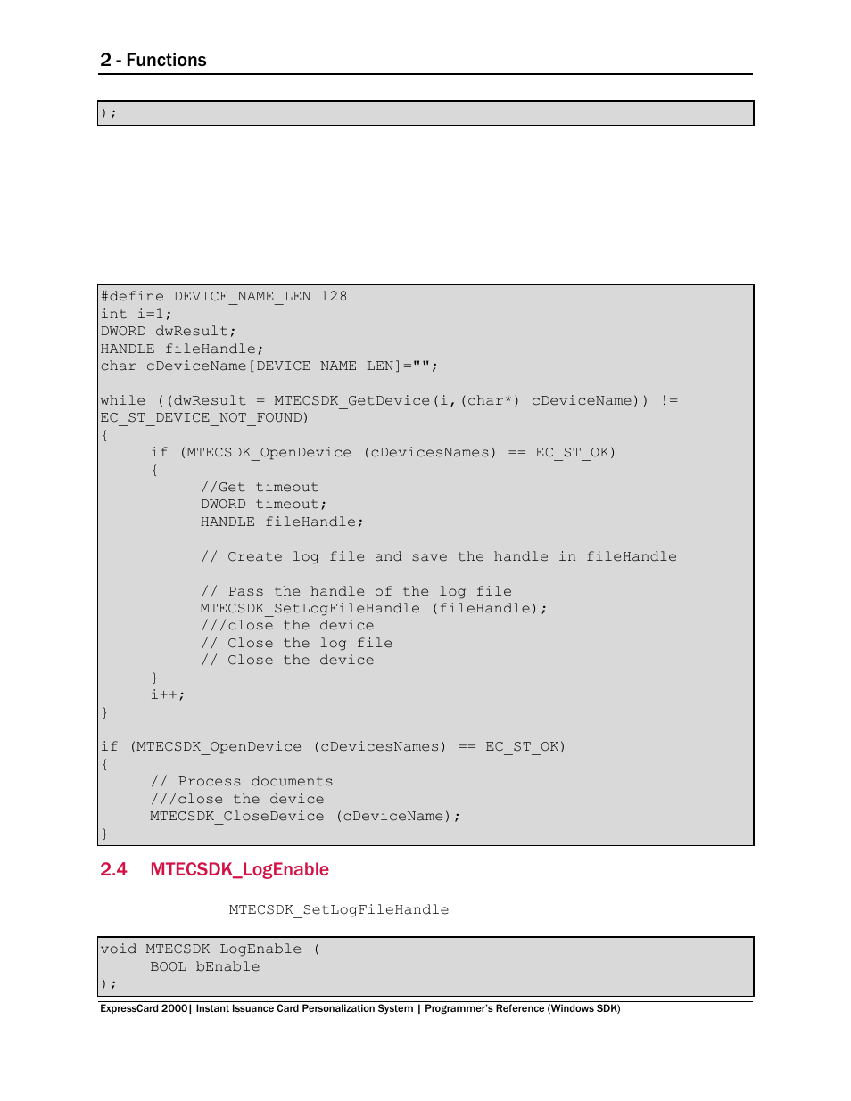 4 mtecsdk_logenable, Mtecsdk_logenable, 2 - functions | MagTek EC2000 99875713 User Manual | Page 12 / 21