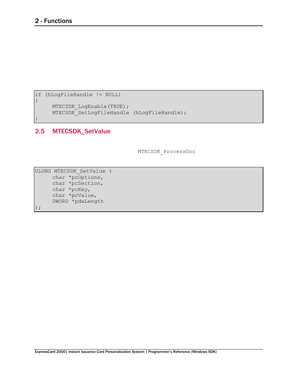 5 mtecsdk_setvalue, Mtecsdk_setvalue, 2 - functions | MagTek EC2000 99875713 User Manual | Page 13 / 21