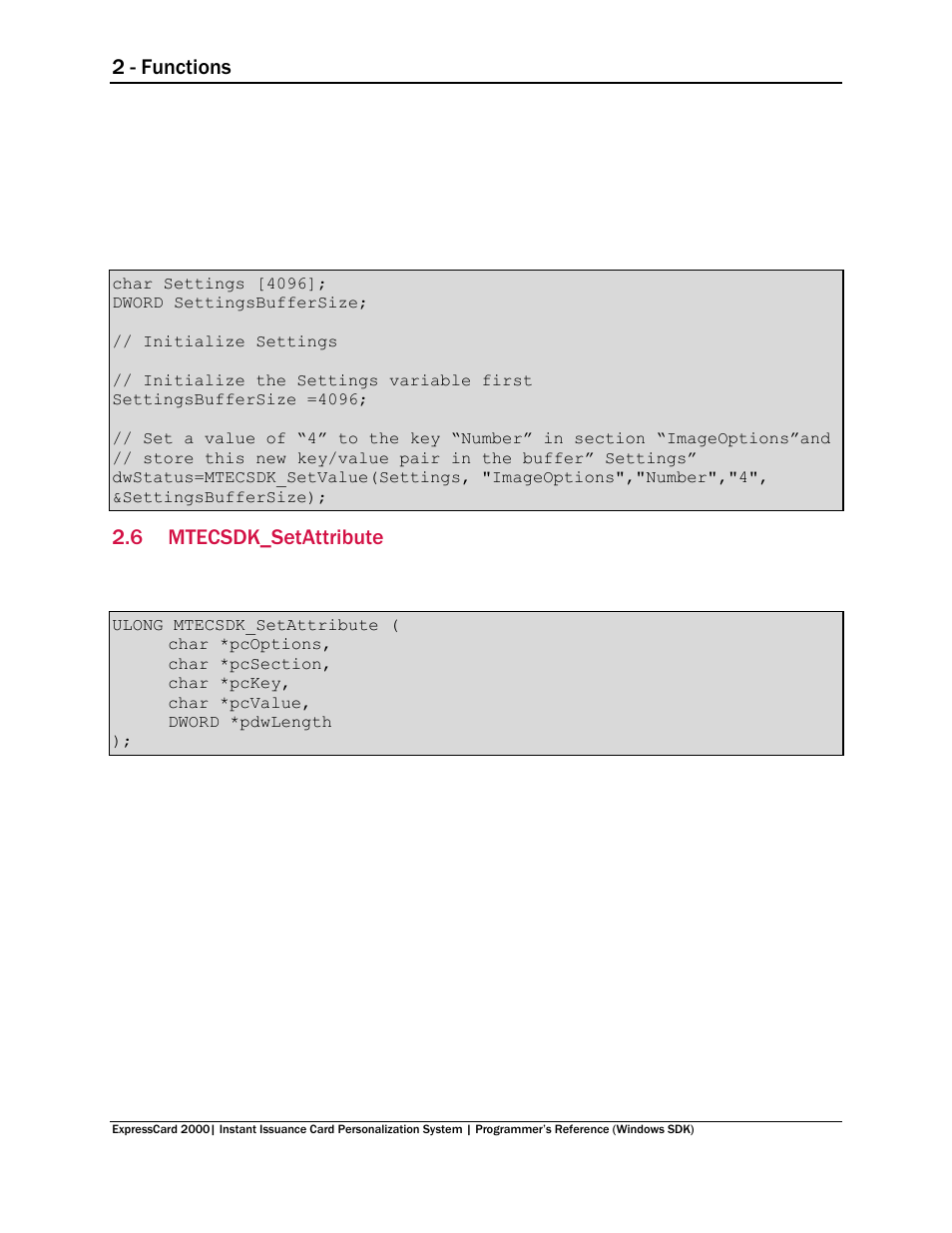 6 mtecsdk_setattribute, Mtecsdk_setattribute, 2 - functions | MagTek EC2000 99875713 User Manual | Page 14 / 21