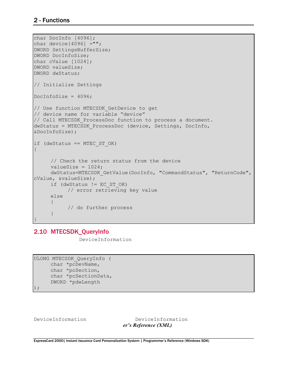 10 mtecsdk_queryinfo, Mtecsdk_queryinfo, 2 - functions | MagTek EC2000 99875713 User Manual | Page 19 / 21