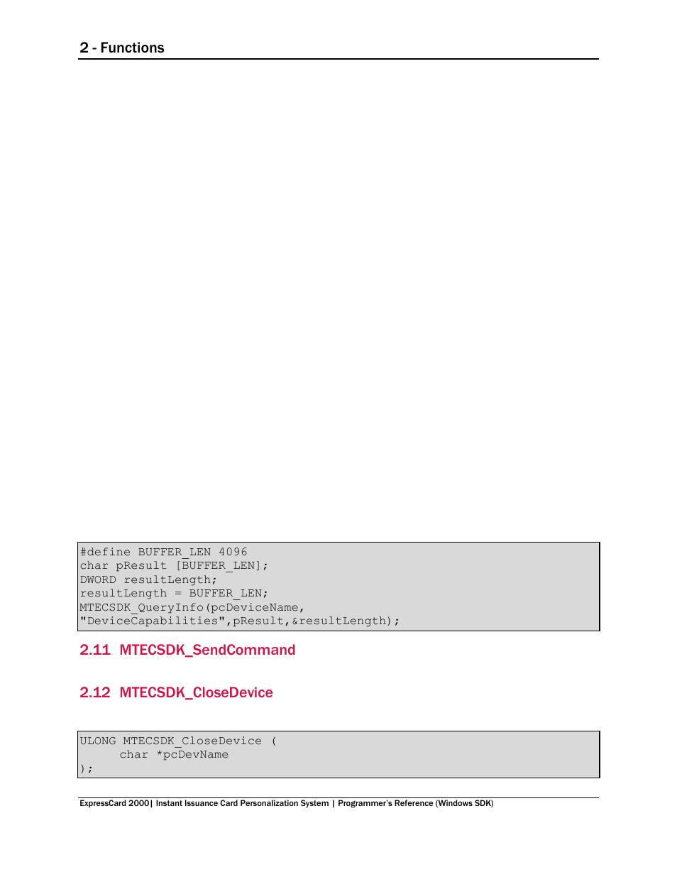 11 mtecsdk_sendcommand, 12 mtecsdk_closedevice, Mtecsdk_sendcommand | Mtecsdk_closedevice | MagTek EC2000 99875713 User Manual | Page 20 / 21