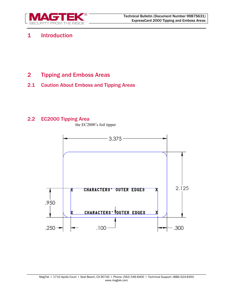 1 introduction, 2 tipping and emboss areas, 1 caution about emboss and tipping areas | 2 ec2000 tipping area, Introduction, Tipping and emboss areas, Caution about emboss and tipping areas, Ec2000 tipping area, 1introduction, 2tipping and emboss areas | MagTek EC2000 99875631 User Manual | Page 2 / 5