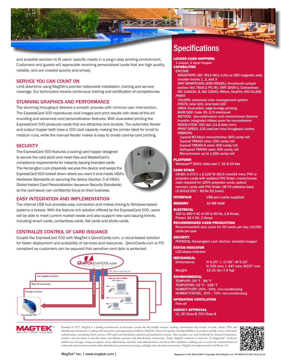 Specifications, Central security center, Service you can count on | Stunning graphics and performance, Security, Easy integration and implementation, Centralize control of card issuance | MagTek EC500 99875170 User Manual | Page 2 / 2