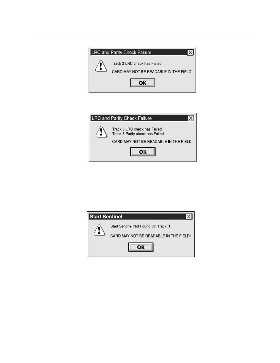 Figure 3-5. lrc failure, Figure 3-6. lrc or parity check failure, Figure 3-7. start sentinel not found | MagTek InSpec 9000 User Manual | Page 30 / 90