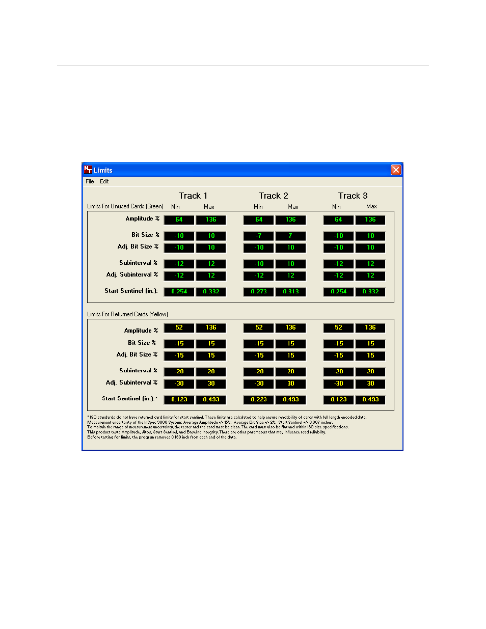 Figure 3-5. limits for unused and returned cards | MagTek InSpec 9000-2005 User Manual | Page 26 / 86