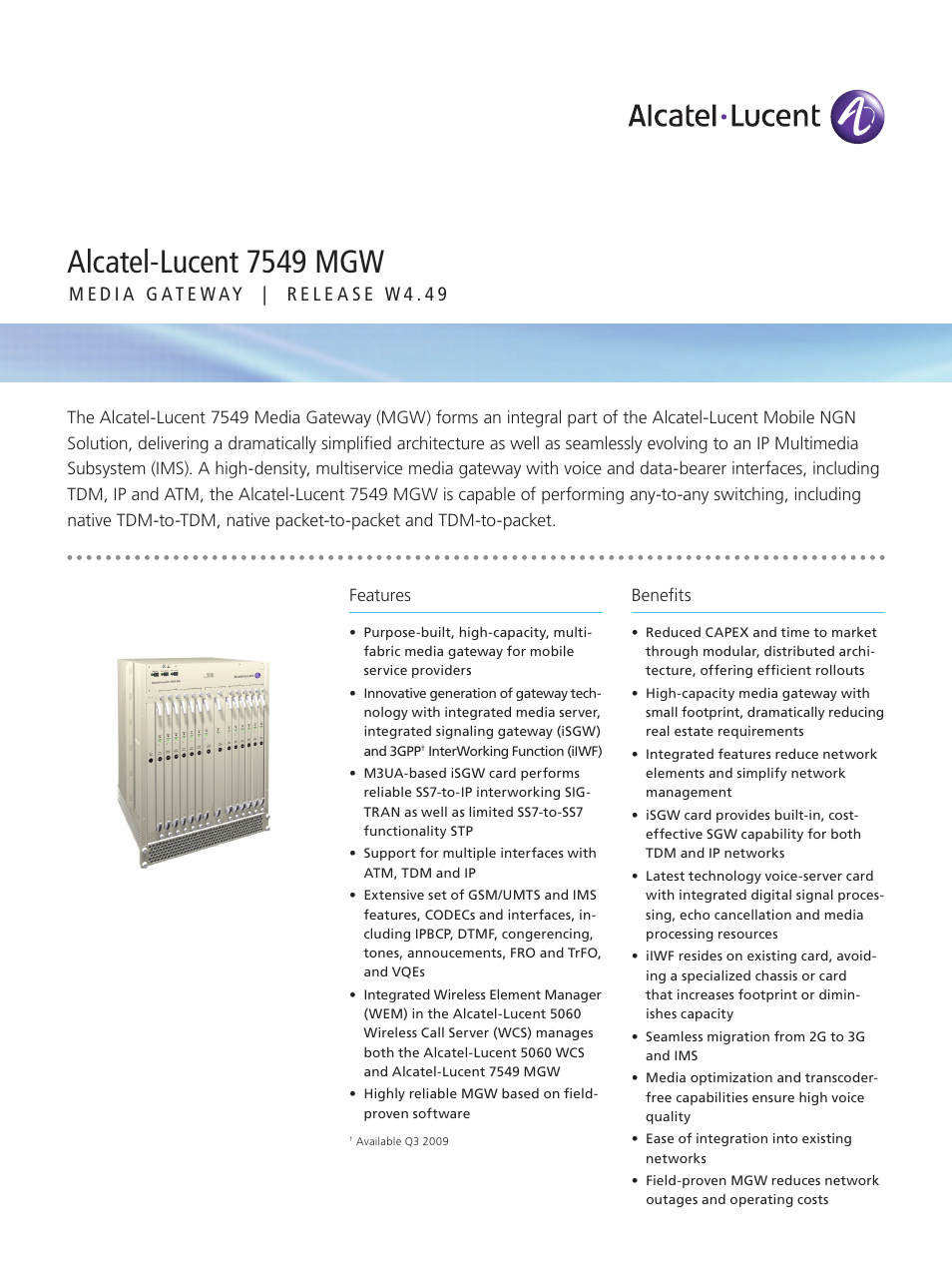 Alcatel-Lucent 7549 MGW User Manual | 2 pages