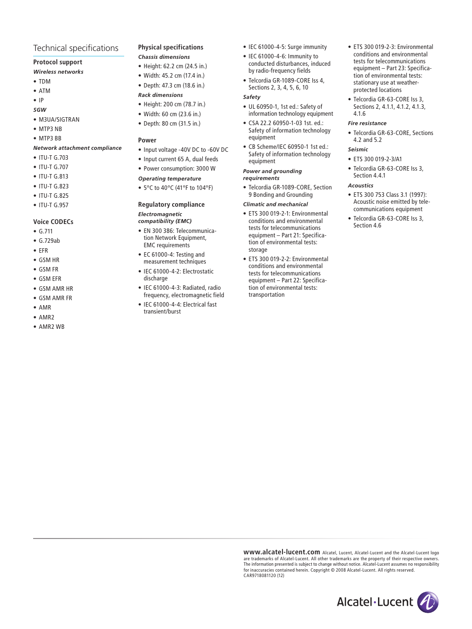 Technical specifications | Alcatel-Lucent 7549 MGW User Manual | Page 2 / 2
