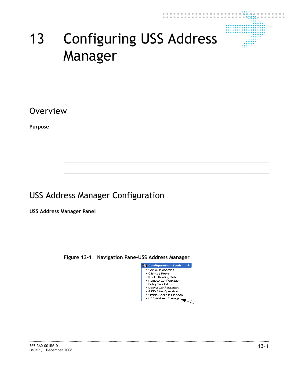 13 configuring uss address manager, Uss address manager configuration, Configuring uss address manager | Uss address manager configuration -1, Chapter 13, “configuring uss address manager, Overview | Alcatel-Lucent 8950 AAA User Manual | Page 211 / 476
