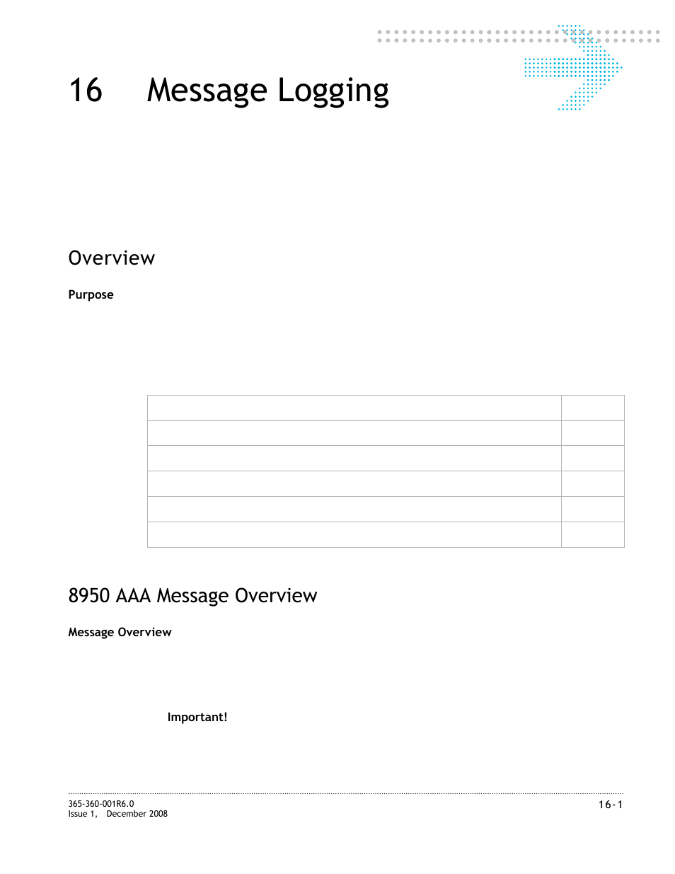 16 message logging, 8950 aaa message overview, Message logging | 8950 aaa message overview -1, Chapter 16, “message logging, Overview | Alcatel-Lucent 8950 AAA User Manual | Page 233 / 476