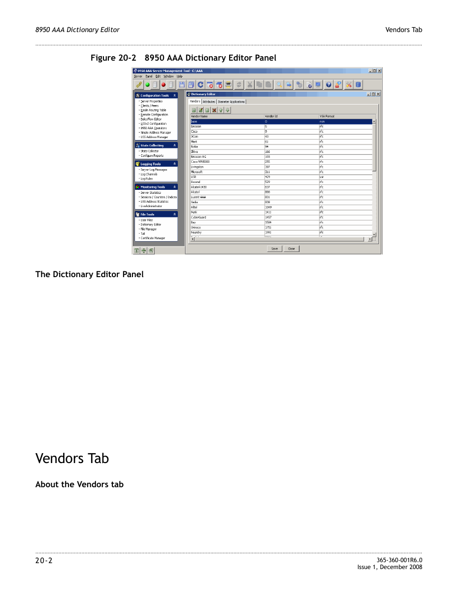 Vendors tab, Vendors tab -2, Figure 20-2 | Alcatel-Lucent 8950 AAA User Manual | Page 346 / 476