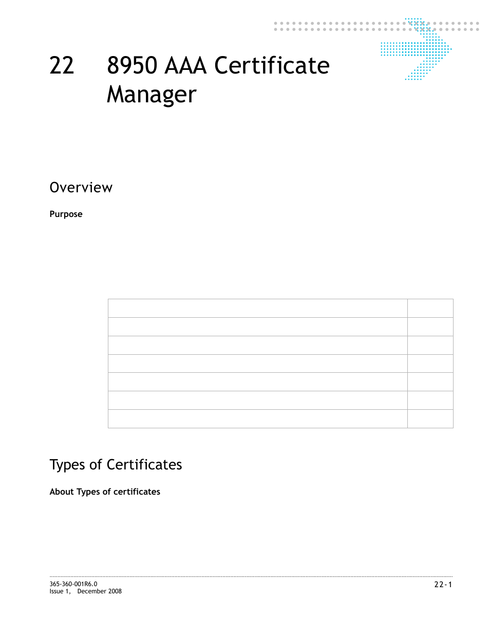 22 8950 aaa certificate manager, Types of certificates, 8950 aaa certificate manager | Types of certificates -1, Chapter 22, “8950 aaa certificate manager, Overview | Alcatel-Lucent 8950 AAA User Manual | Page 369 / 476