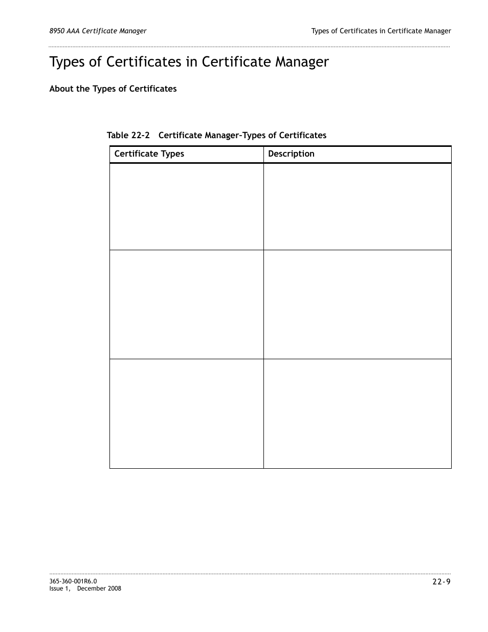 Types of certificates in certificate manager, Types of certificates in certificate manager -9 | Alcatel-Lucent 8950 AAA User Manual | Page 377 / 476