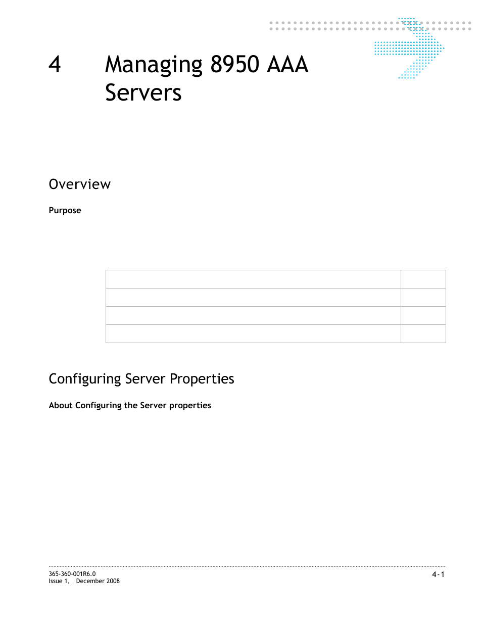4 managing 8950 aaa servers, Configuring server properties, Managing 8950 aaa servers | Configuring server properties -1, Chapter 4, “managing 8950 aaa servers, Overview | Alcatel-Lucent 8950 AAA User Manual | Page 57 / 476