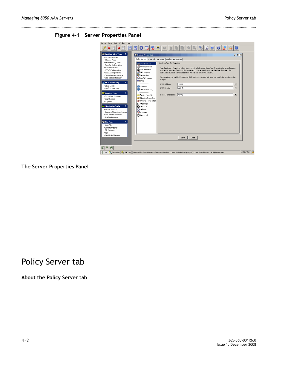 Policy server tab, Policy server tab -2, Figure 4-1 | Alcatel-Lucent 8950 AAA User Manual | Page 58 / 476