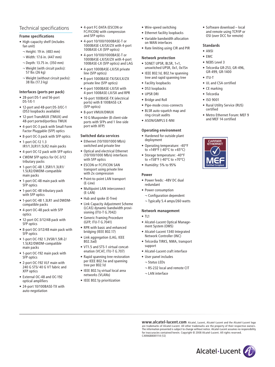 Technical specifications | Alcatel-Lucent Data Multiplexer 1665 DMX User Manual | Page 2 / 2