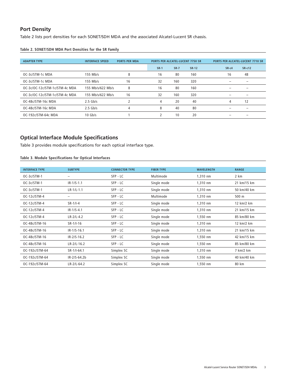 Port density, Optical interface module specifications | Alcatel-Lucent SONET/SDH MDAs User Manual | Page 3 / 4