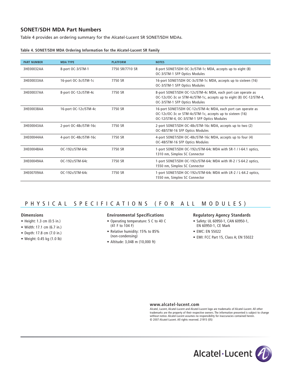 Sonet/sdh mda part numbers | Alcatel-Lucent SONET/SDH MDAs User Manual | Page 4 / 4
