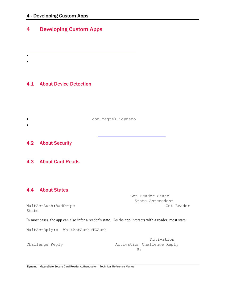 4 developing custom apps, 1 about device detection, 2 about security | 3 about card reads, 4 about states, Developing custom apps, About device detection, About security, About card reads, About states | MagTek iDynamo User Manual | Page 14 / 24