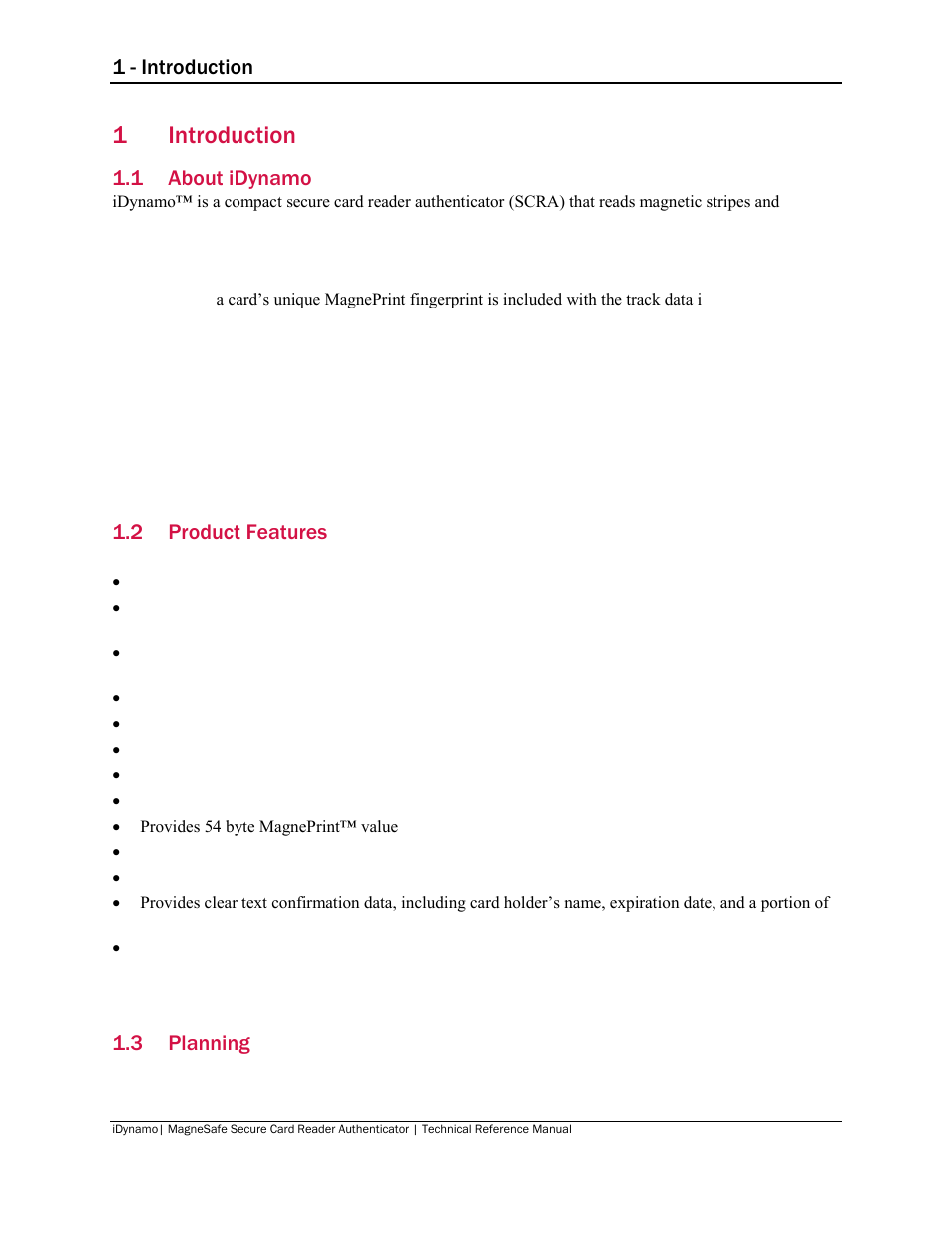 1 introduction, 1 about idynamo, 2 product features | 3 planning, Introduction, About idynamo, Product features, Planning, 1introduction, 1 - introduction | MagTek iDynamo User Manual | Page 7 / 24