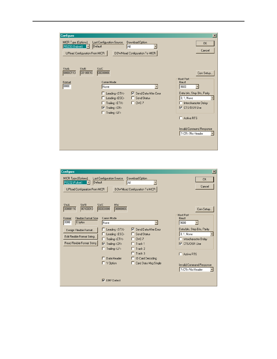 Figure 5-1. configure, micr rs232 (subset), Figure 5-2. configure, micr rs232 (fullset) | MagTek MICRbase User Manual | Page 22 / 52