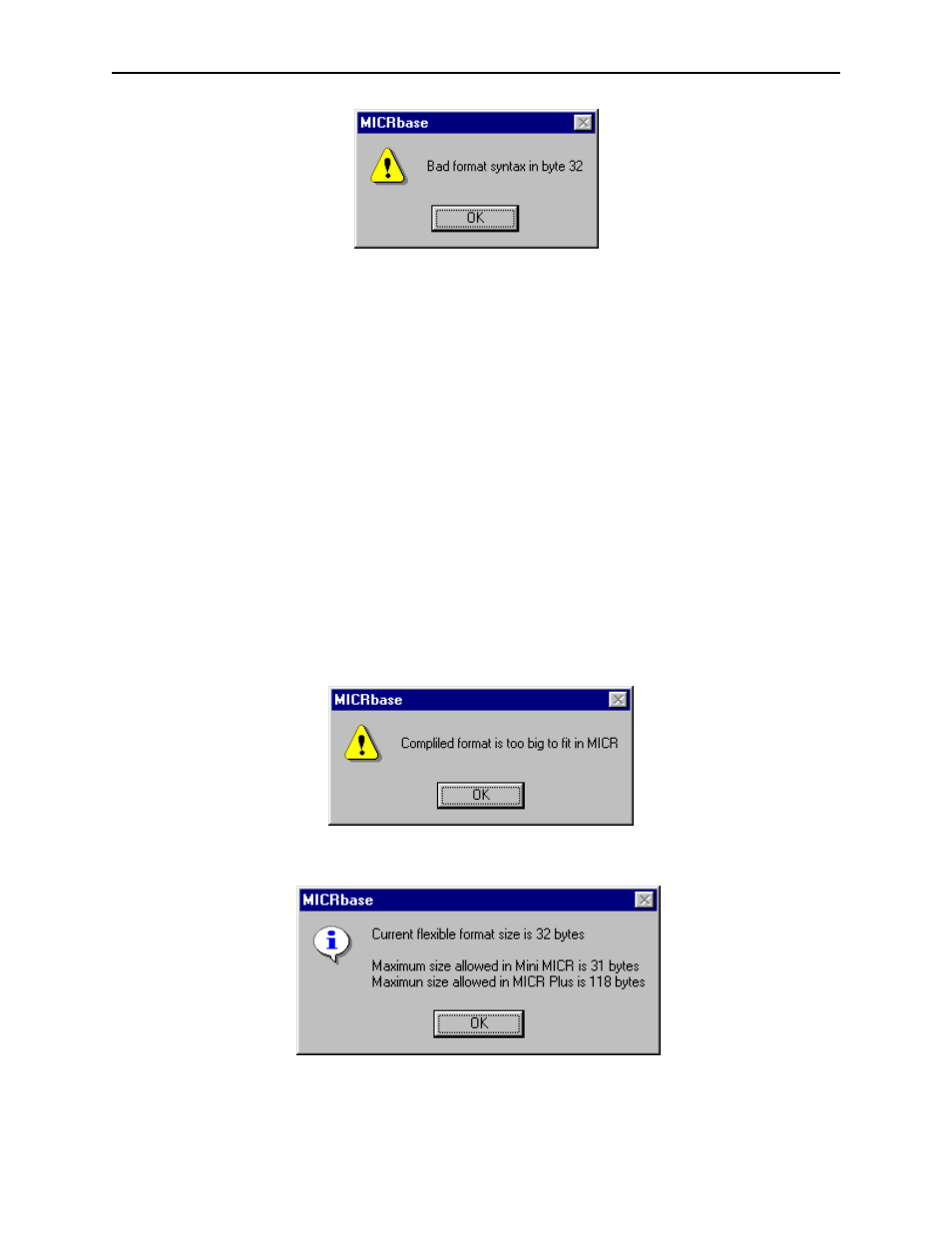 Cancel, Flexible format size, Figure 7-4. syntax error | Figure 7-5. format too large, Figure 7-6. maximum sizes for micr readers | MagTek MICRbase User Manual | Page 48 / 52