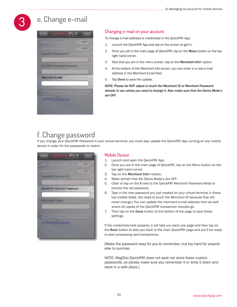 E. change e-mail, F. change password | MagTek QwickPAY User Manual | Page 13 / 46
