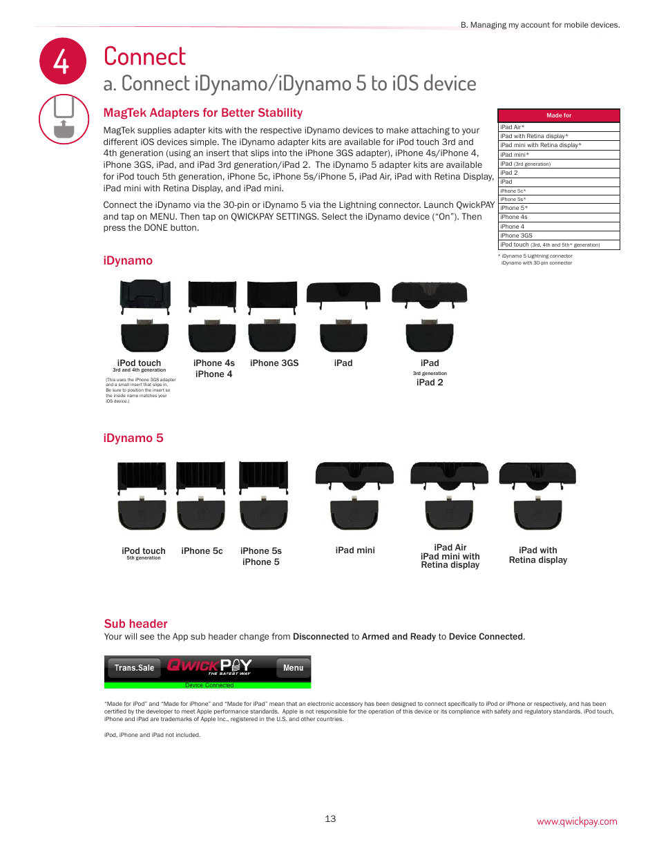 Connect, A. connect idynamo/idynamo 5 to ios device, Magtek adapters for better stability | Sub header, Idynamo idynamo 5 | MagTek QwickPAY User Manual | Page 16 / 46
