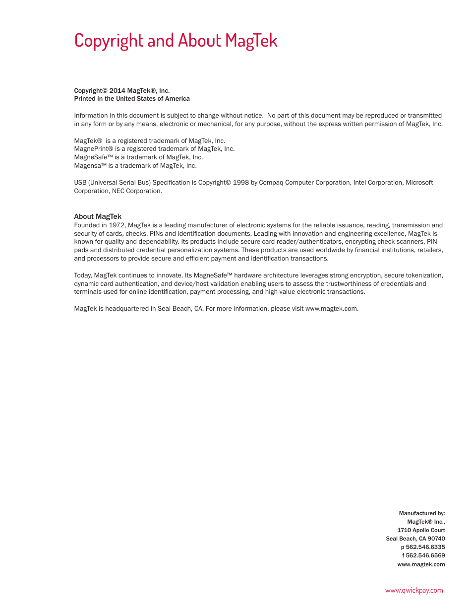 Copyright and about magtek | MagTek QwickPAY User Manual | Page 2 / 46