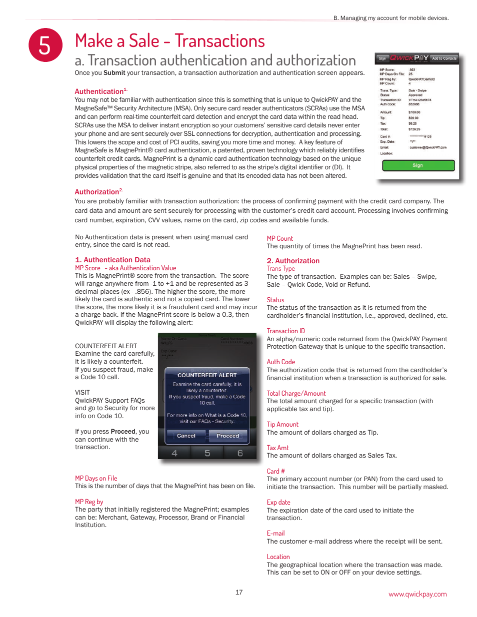 Make a sale - transactions, A. transaction authentication and authorization | MagTek QwickPAY User Manual | Page 20 / 46