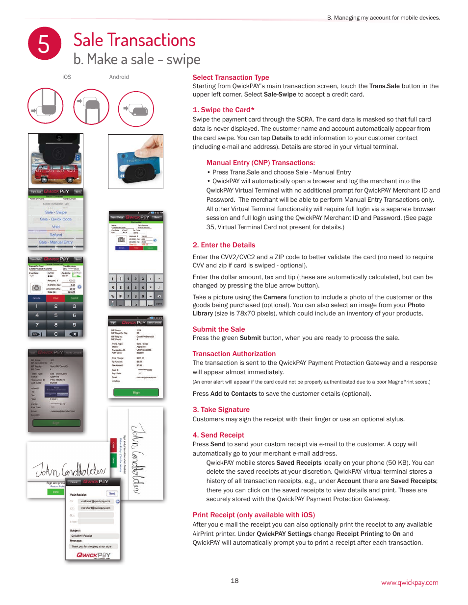 Sale transactions, B. make a sale - swipe | MagTek QwickPAY User Manual | Page 21 / 46