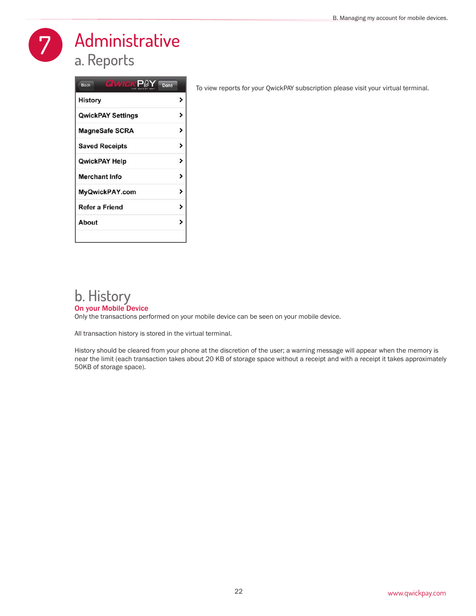 Administrative, A. reports, B. history | MagTek QwickPAY User Manual | Page 25 / 46