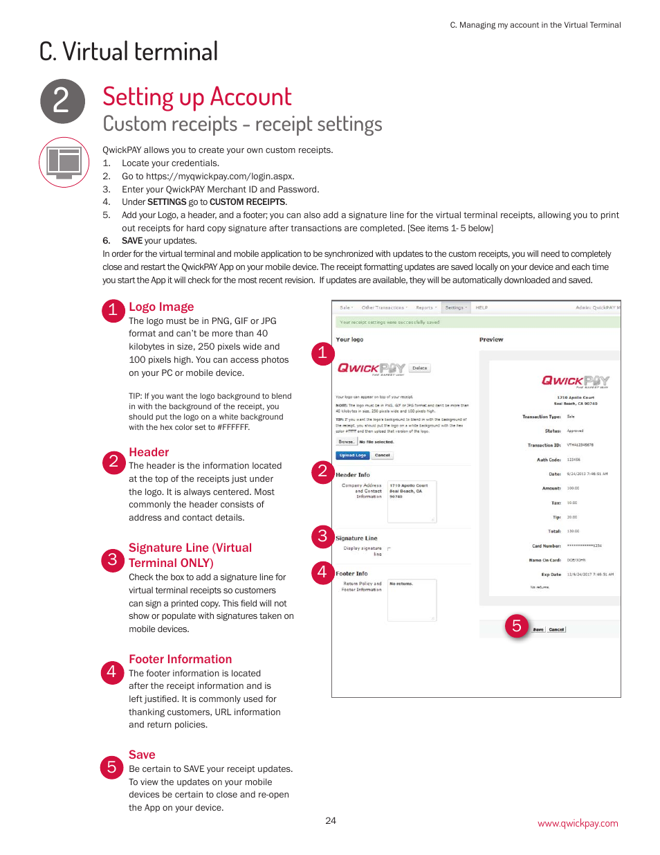 Setting up account, C. virtual terminal, Custom receipts - receipt settings | MagTek QwickPAY User Manual | Page 27 / 46