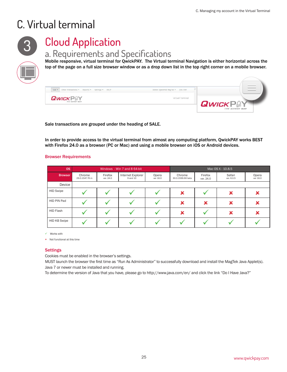 Cloud application, C. virtual terminal, A. requirements and specifications | MagTek QwickPAY User Manual | Page 28 / 46