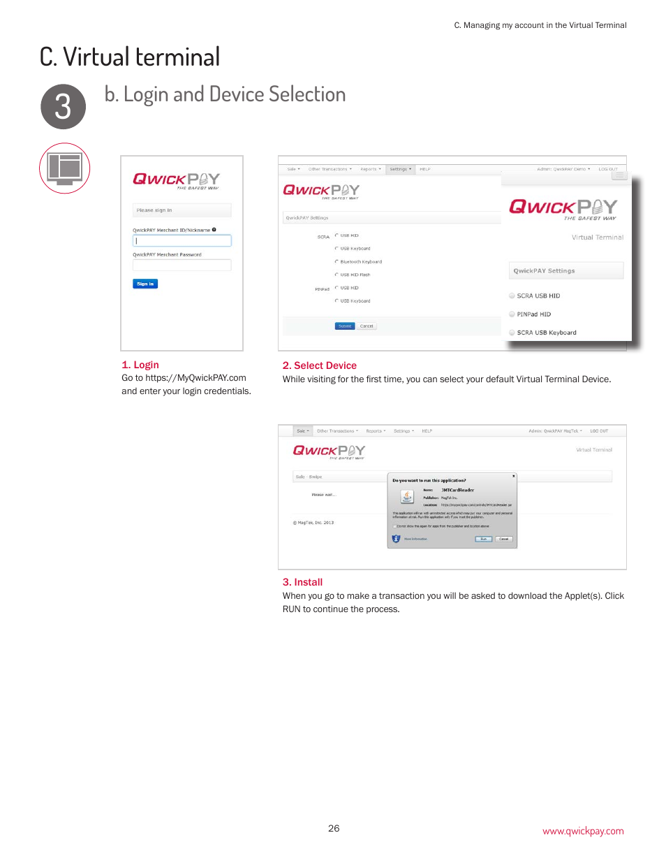 C. virtual terminal, B. login and device selection | MagTek QwickPAY User Manual | Page 29 / 46