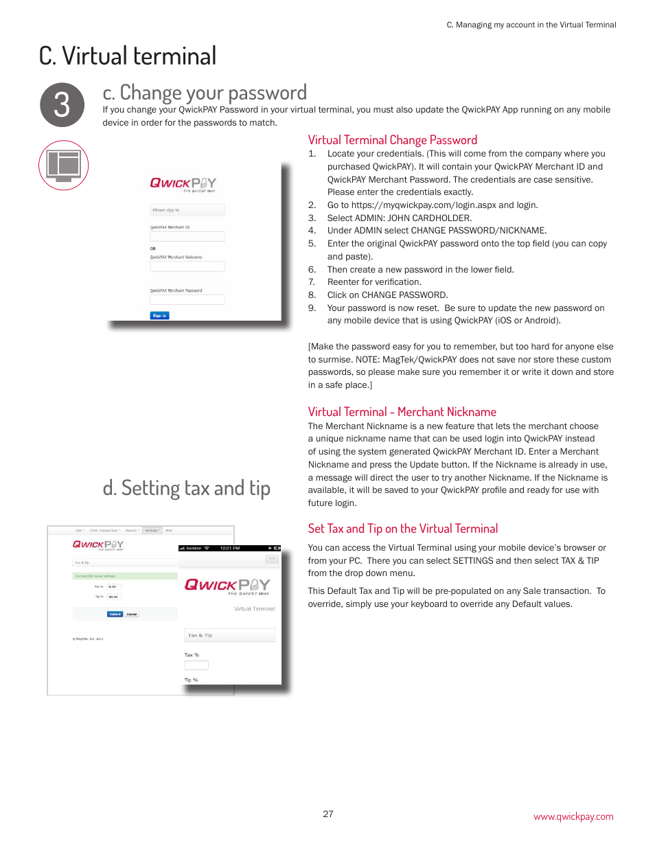 C. virtual terminal, D. setting tax and tip, C. change your password | MagTek QwickPAY User Manual | Page 30 / 46