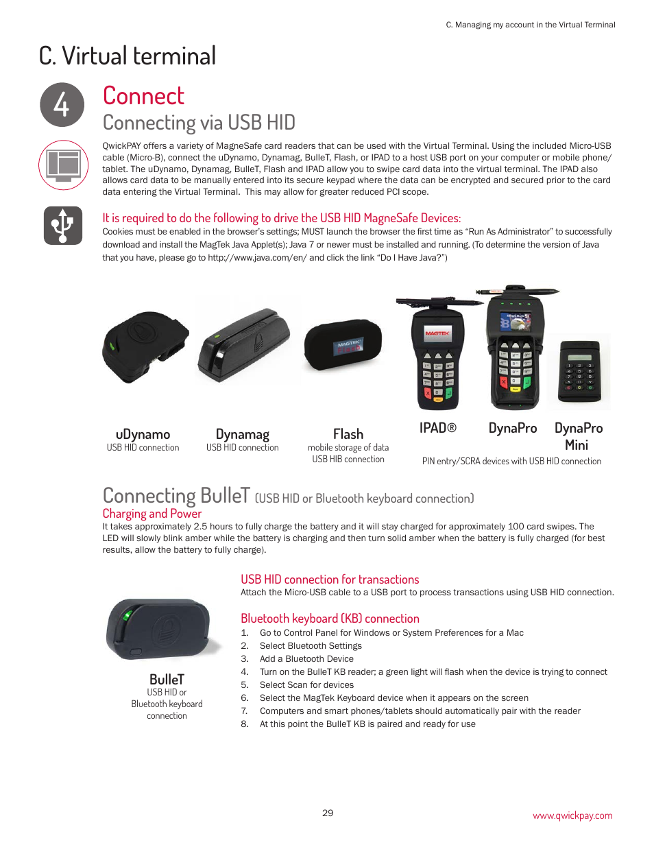 Connect, C. virtual terminal, Connecting via usb hid | Connecting bullet | MagTek QwickPAY User Manual | Page 32 / 46