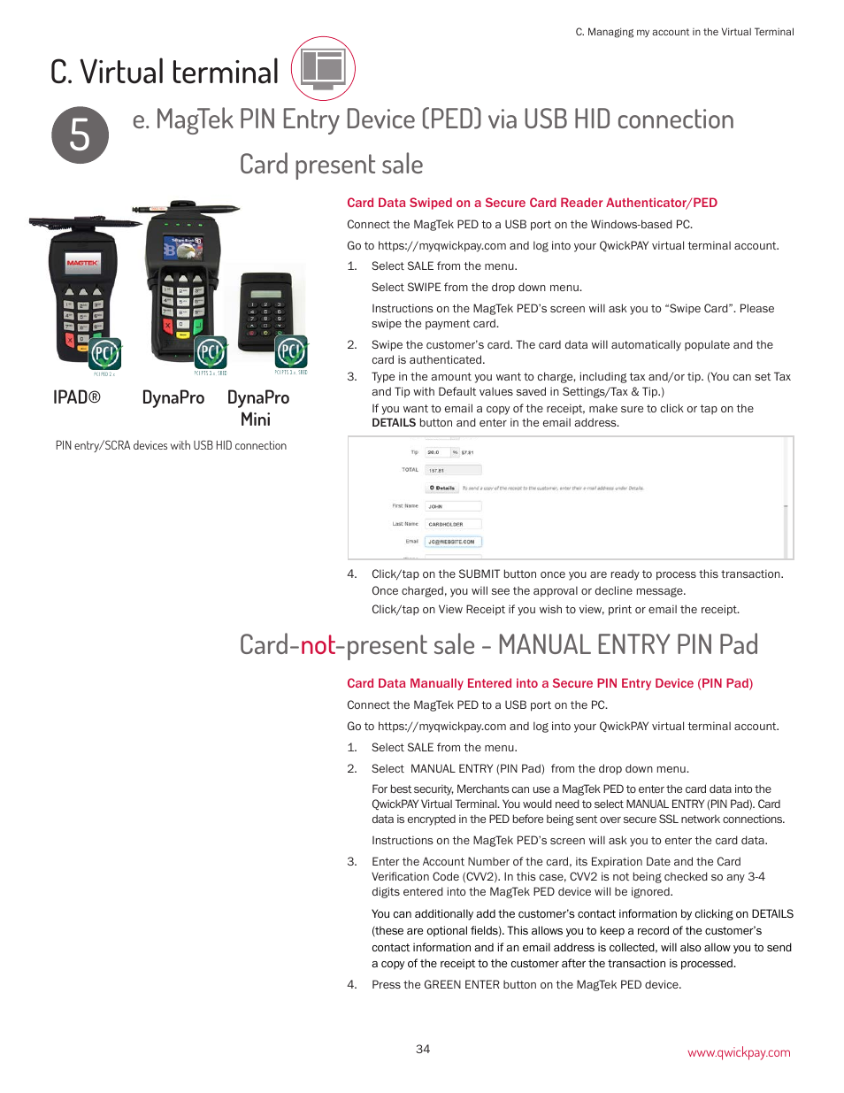 C. virtual terminal, Card- not -present sale - manual entry pin pad, Card present sale | MagTek QwickPAY User Manual | Page 37 / 46