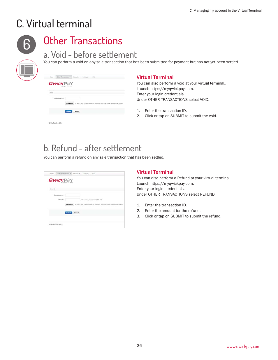 Other transactions, C. virtual terminal, A. void - before settlement | B. refund - after settlement | MagTek QwickPAY User Manual | Page 39 / 46