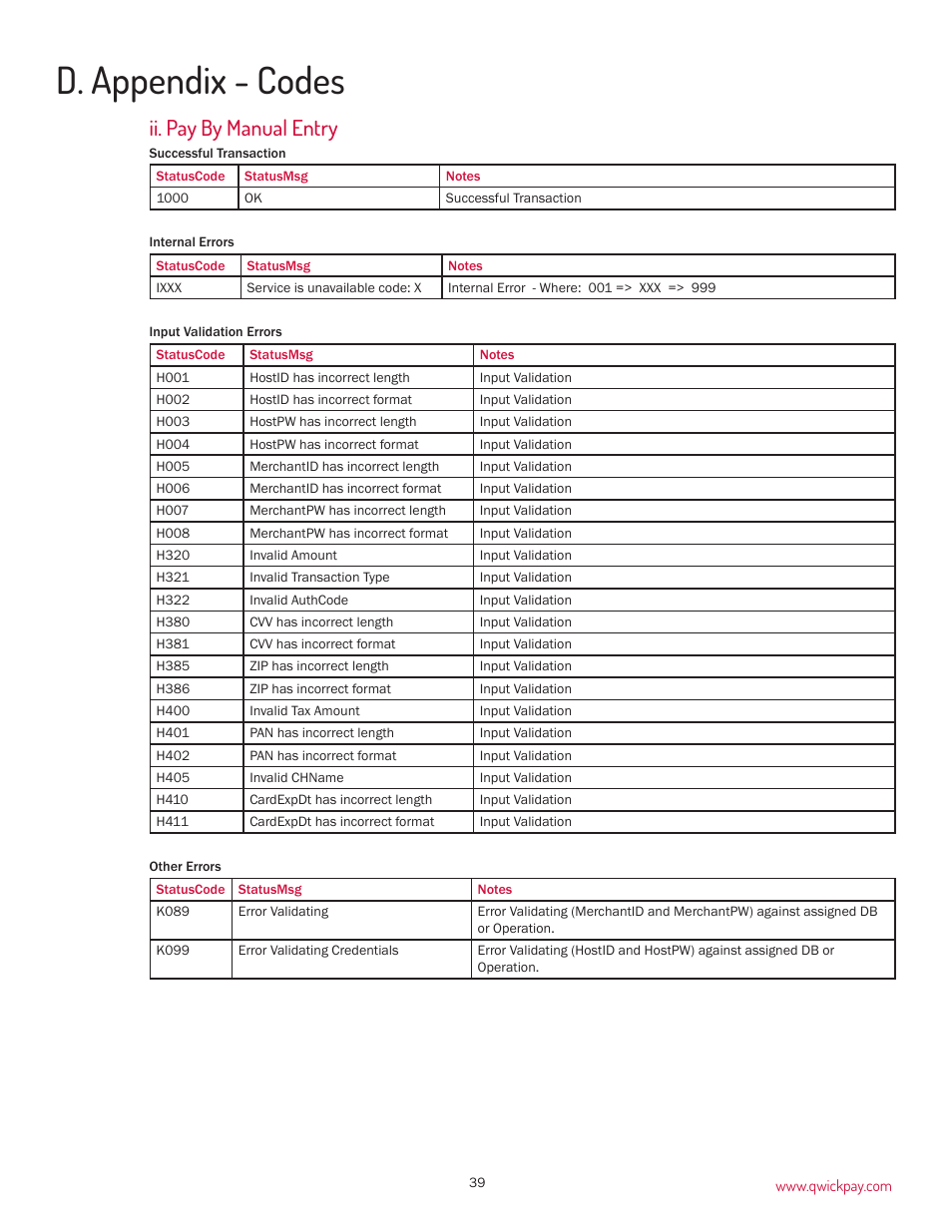 D. appendix - codes, Ii. pay by manual entry | MagTek QwickPAY User Manual | Page 42 / 46