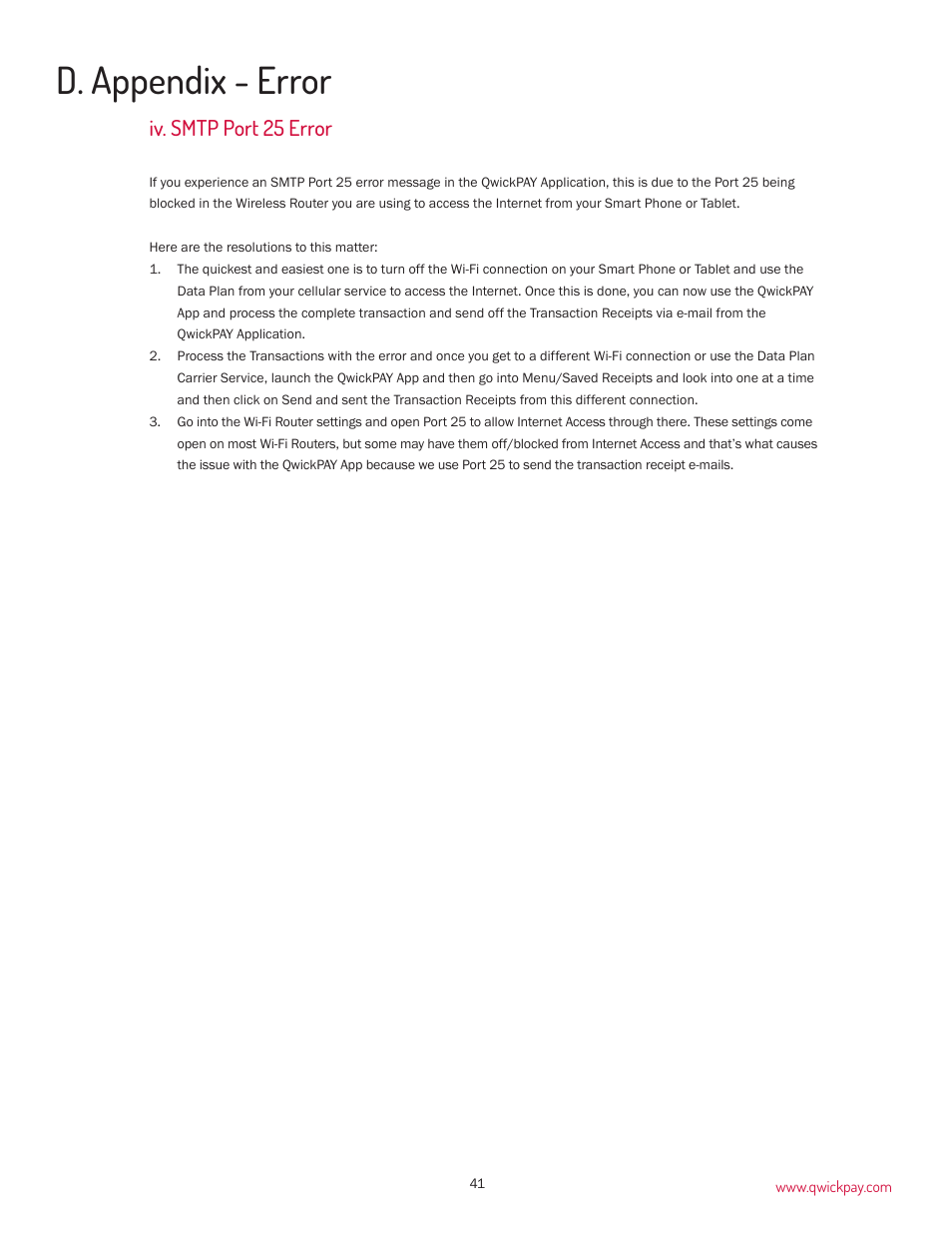 D. appendix - error, Iv. smtp port 25 error | MagTek QwickPAY User Manual | Page 44 / 46