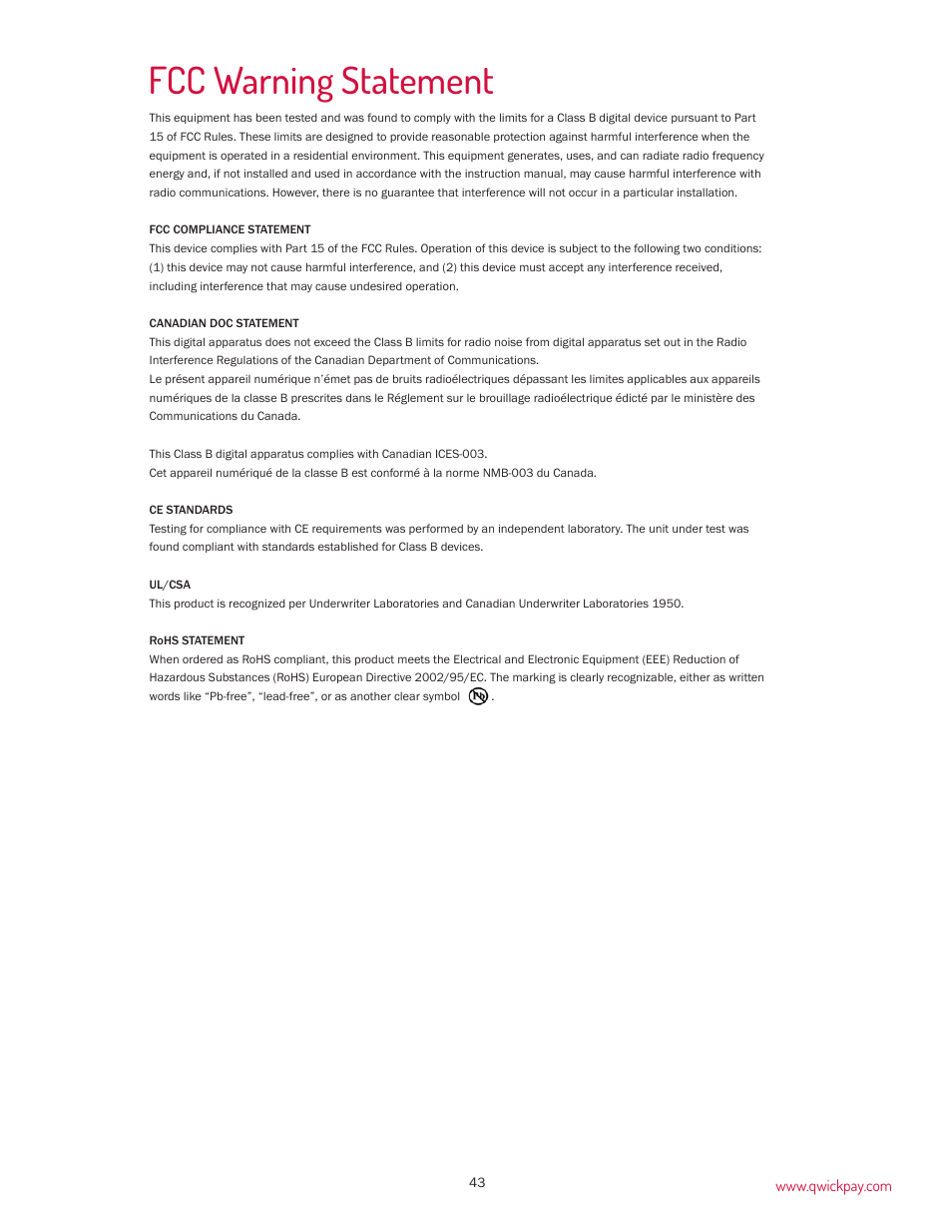 Fcc warning statement | MagTek QwickPAY User Manual | Page 46 / 46