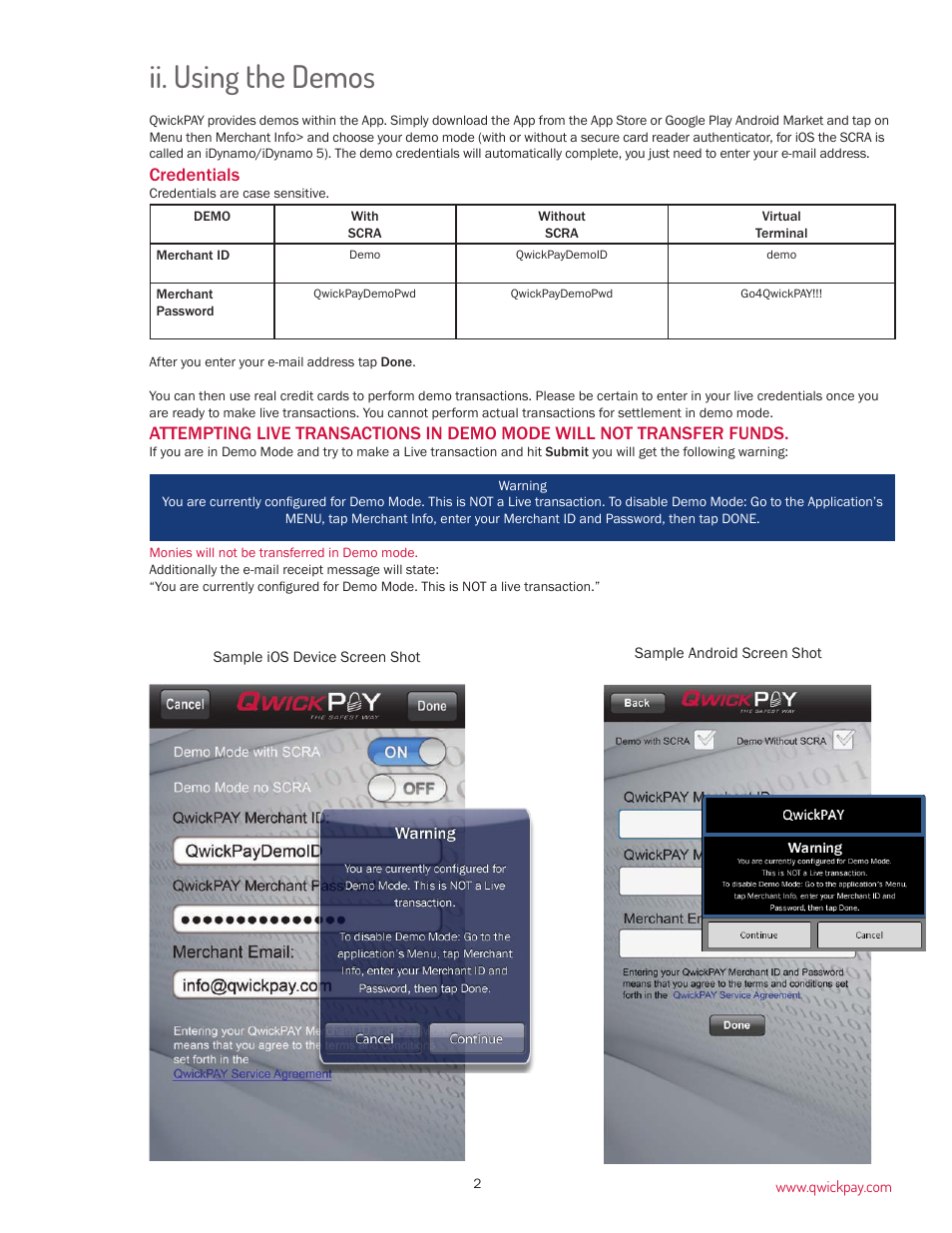 Ii. using the demos, Credentials | MagTek QwickPAY User Manual | Page 5 / 46