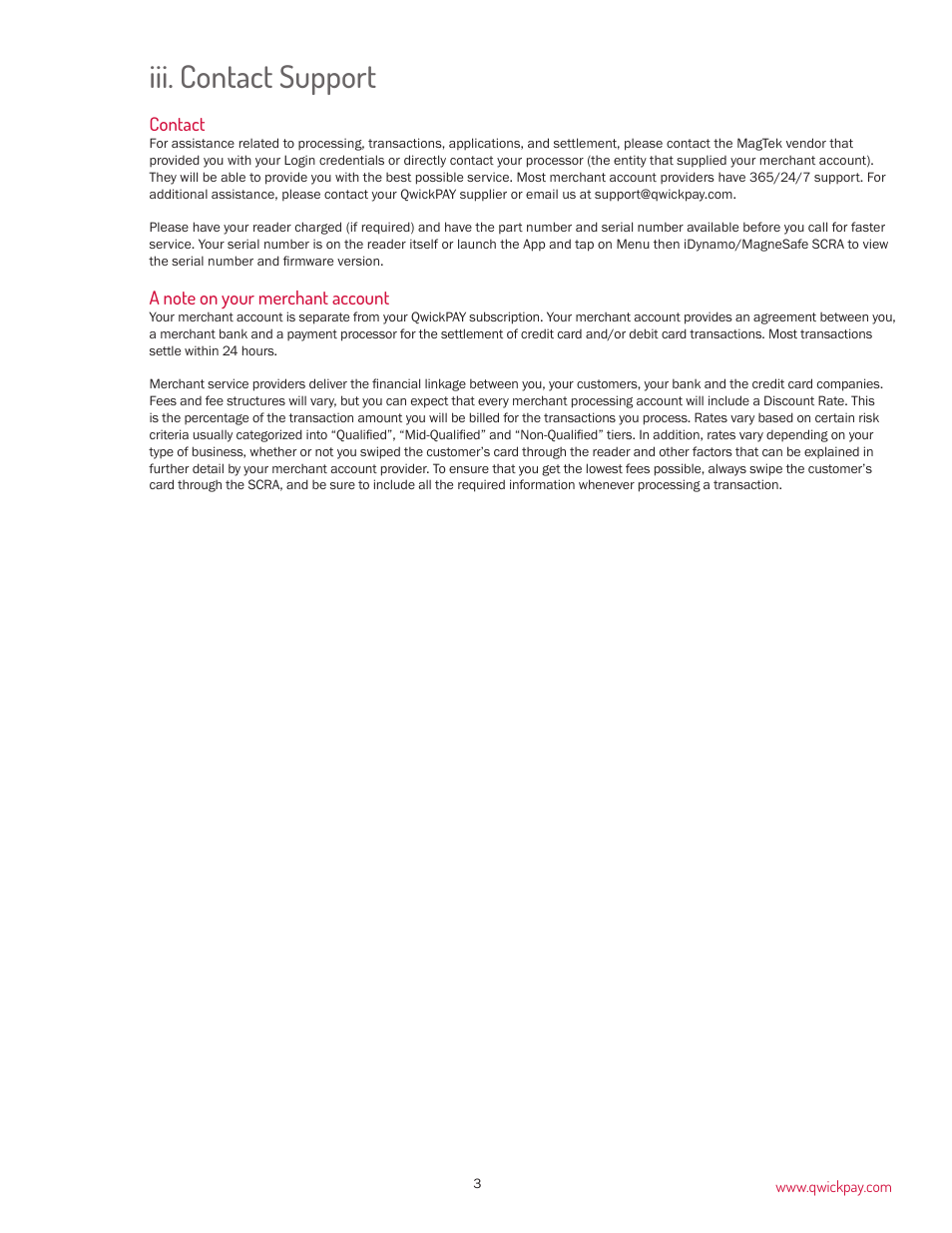 Iii. contact support | MagTek QwickPAY User Manual | Page 6 / 46