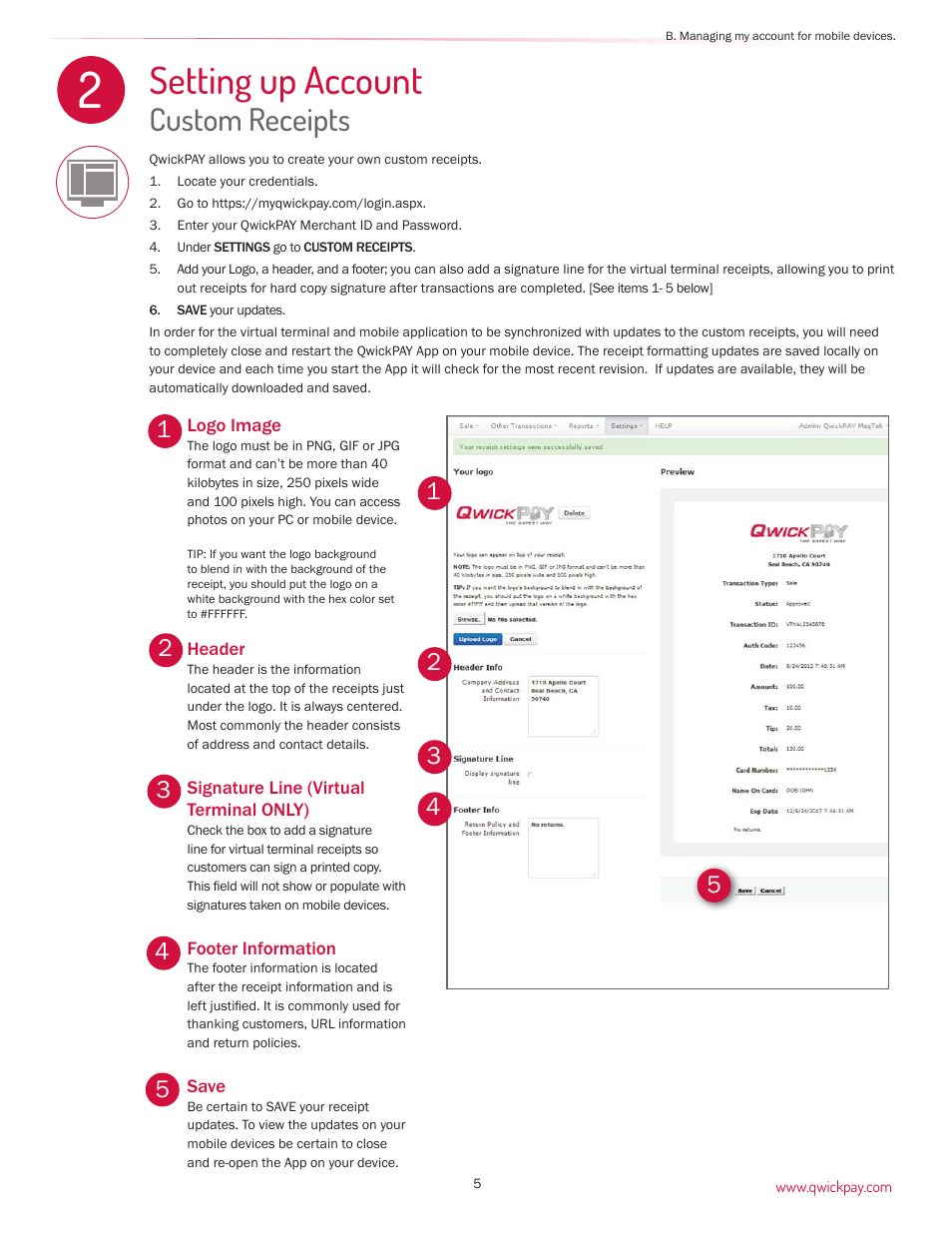 Setting up account, Custom receipts | MagTek QwickPAY User Manual | Page 8 / 46