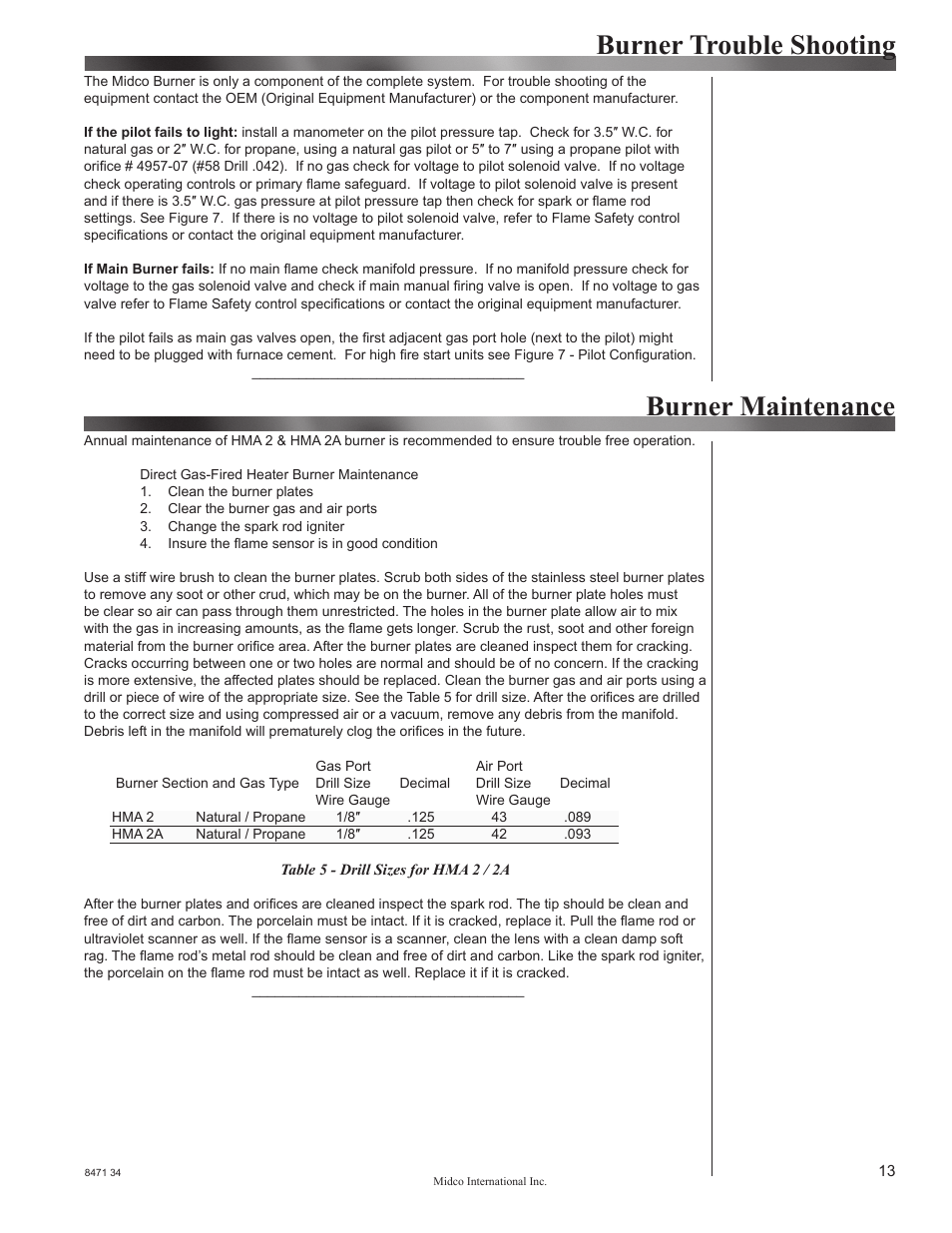 Burner trouble shooting, Burner maintenance | Midco HMA-2 & HMA-2A Series User Manual | Page 13 / 18